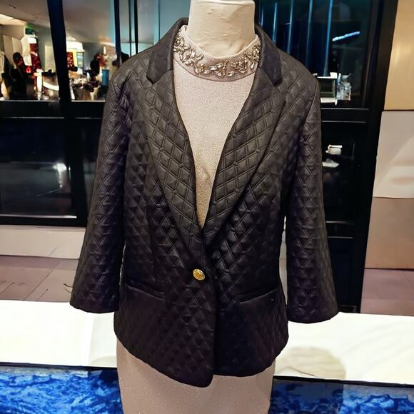 Black Jacket Blazer Luxury Sz Large Diamond Quilted Gold Button Cocktail Modern - Picture 3 of 15